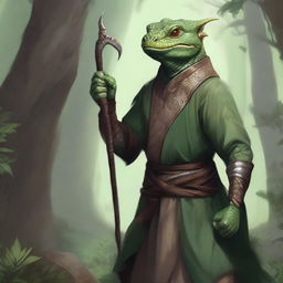 A detailed portrait of a lizardfolk monk man with scales and sharp features, standing in a rocky clearing within a lush forest