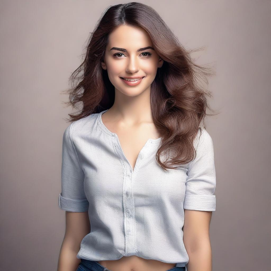 Create a realistic image of an attractive young woman with a confident expression