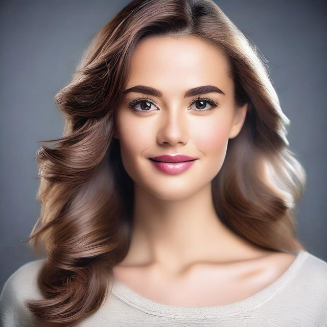 Create a realistic image of an attractive young woman with a confident expression