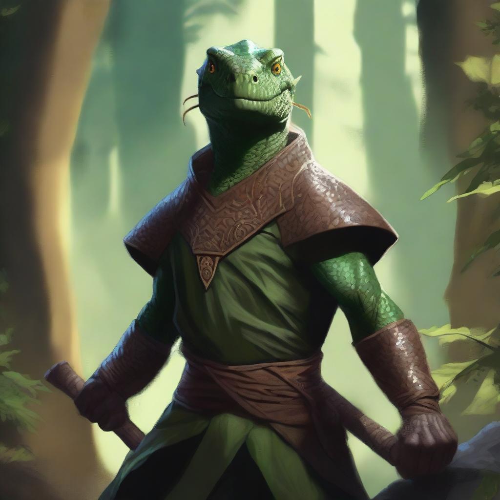 A detailed portrait of a lizardfolk monk man with scales and sharp features, living in a rocky clearing within a lush forest