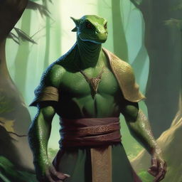 A detailed portrait of a lizardfolk monk man with scales and sharp features, living in a rocky clearing within a lush forest