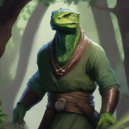 A detailed portrait of a lizardfolk monk man with scales and sharp features, living in a rocky clearing within a lush forest