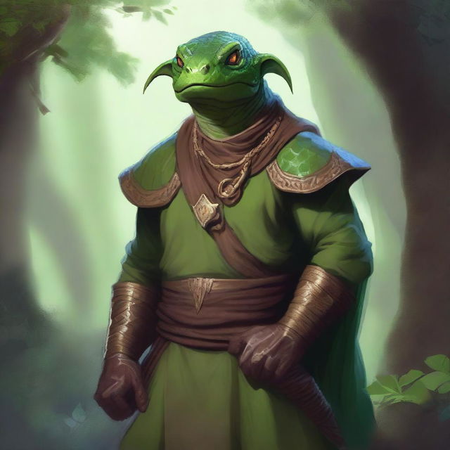 A detailed portrait of a lizardfolk monk man with scales and sharp features, living in a rocky clearing within a lush forest