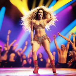 Create a vibrant and lively image of Shakira performing on stage, showcasing her energetic dance moves and iconic style