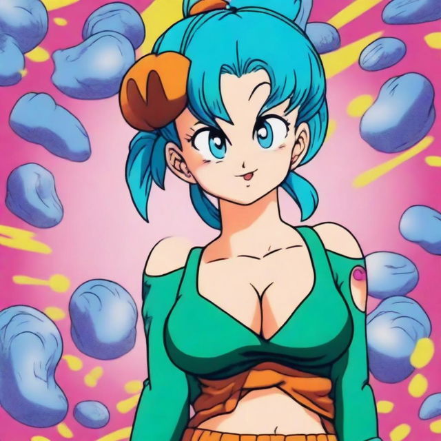 A detailed and vibrant illustration of Bulma from Dragonball