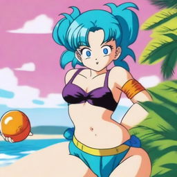 A detailed and vibrant illustration of Bulma from Dragonball, wearing a stylish swimsuit