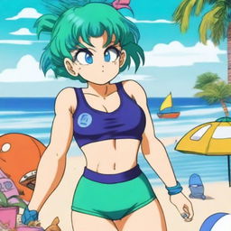 A detailed and vibrant illustration of Bulma from Dragonball, wearing a stylish swimsuit