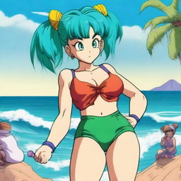 A detailed and vibrant illustration of Bulma from Dragonball, wearing a stylish swimsuit