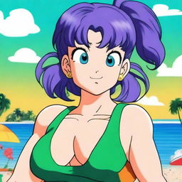 A detailed and vibrant illustration of Bulma from Dragonball, wearing a stylish swimsuit