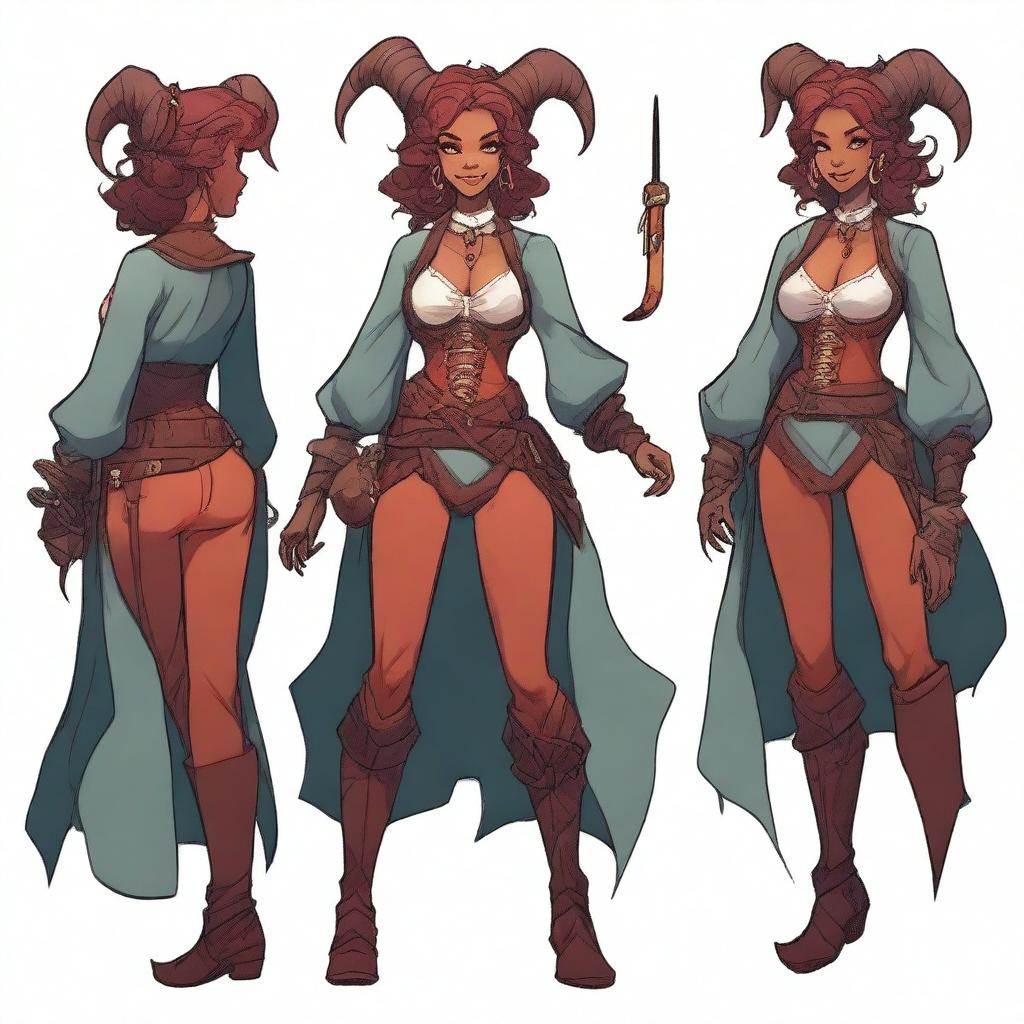 A female tiefling bard with a mischievous smile and a big heart