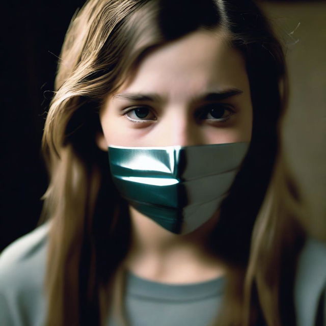 A teenage girl with her mouth duct-taped shut, looking distressed