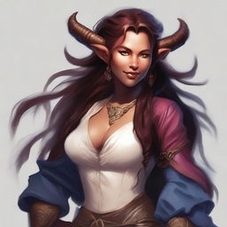 A female tiefling bard with long, flowing hair, exuding a mischievous yet kind-hearted aura