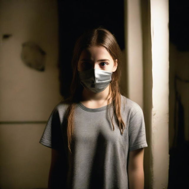 A teenage girl with her mouth duct-taped shut, standing in a dimly lit room