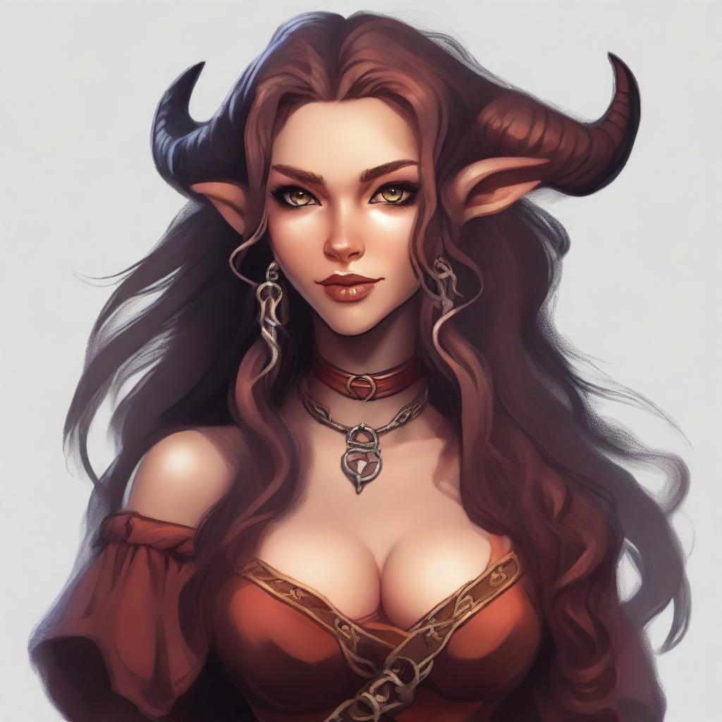 A female tiefling bard with long, flowing hair and big eyes