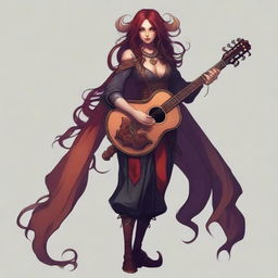 A female tiefling bard with long, flowing hair and big eyes