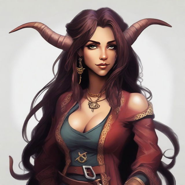 A female tiefling bard with long, flowing hair and big eyes