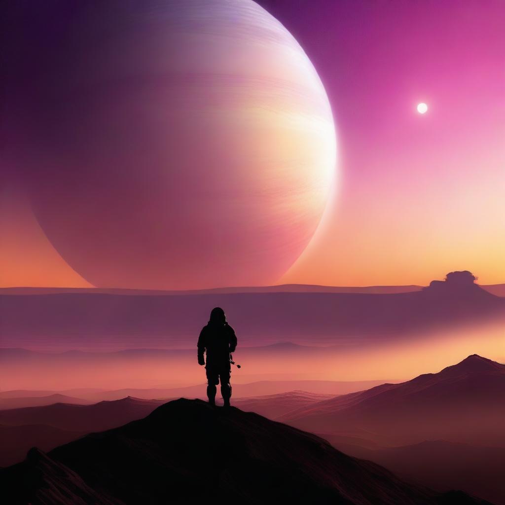 A breathtaking view of a voyager standing on the horizon, looking out over a vast and beautiful landscape