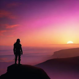 A breathtaking view of a voyager standing on the horizon, looking out over a vast and beautiful landscape