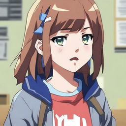 A teenage girl with her mouth duct-taped shut, depicted in an anime style