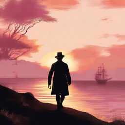 A 19th-century voyager walking along the horizon, dressed in period-appropriate attire