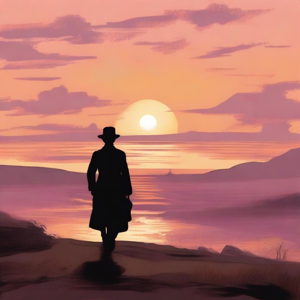 A 19th-century voyager walking along the horizon, dressed in period-appropriate attire