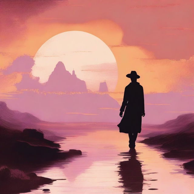 A 19th-century voyager walking along the horizon, dressed in period-appropriate attire