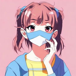 A teenage girl with her mouth duct-taped shut, depicted in a fun and lighthearted anime style