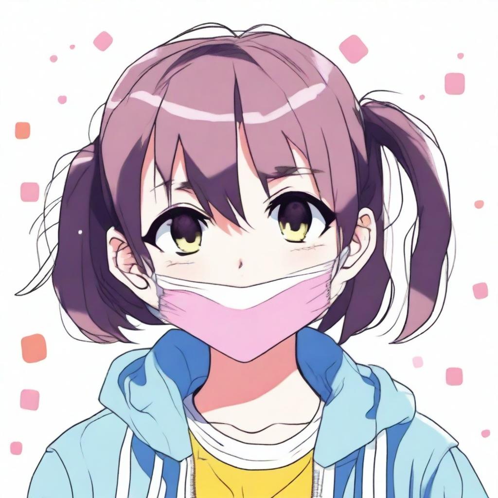 A teenage girl with her mouth duct-taped shut, depicted in a fun and lighthearted anime style