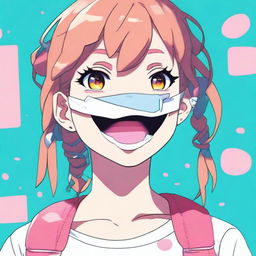 A teenage girl with her mouth duct-taped shut, depicted in a fun and lighthearted anime style