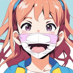 A teenage girl with her mouth duct-taped shut, depicted in a fun and lighthearted anime style