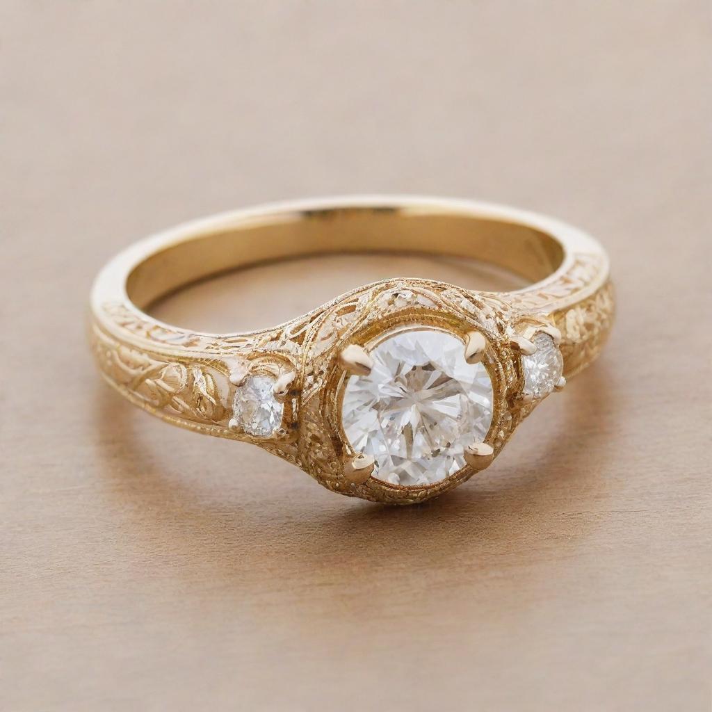 A stunning engagement ring made of shiny gold, intricately engraved with the name 'YUJIN'