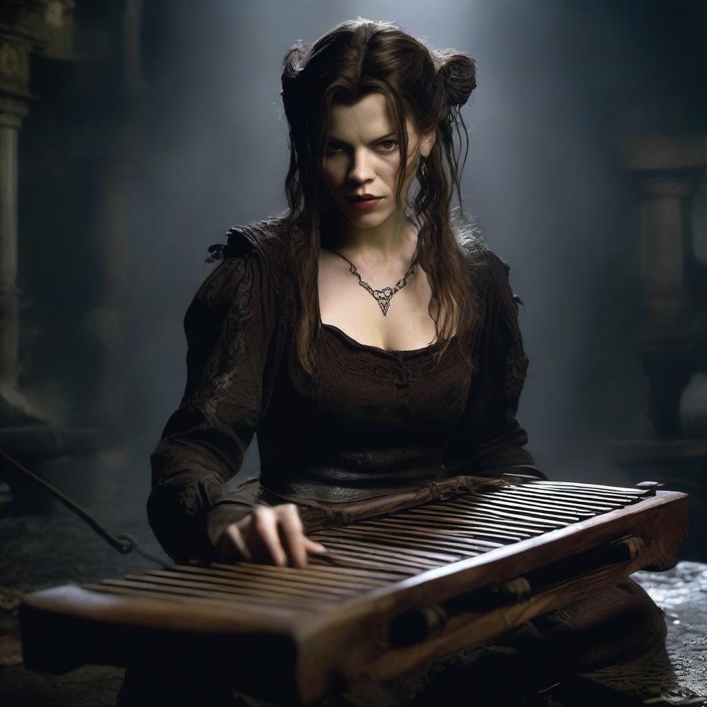 A female tiefling bard with Milla Jovovich's face from Resident Evil, but with long hair and ear piercings