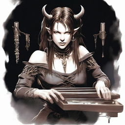 A female tiefling bard with Milla Jovovich's face from Resident Evil, but with long hair and ear piercings