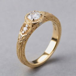 A stunning engagement ring made of shiny gold, intricately engraved with the name 'YUJIN'