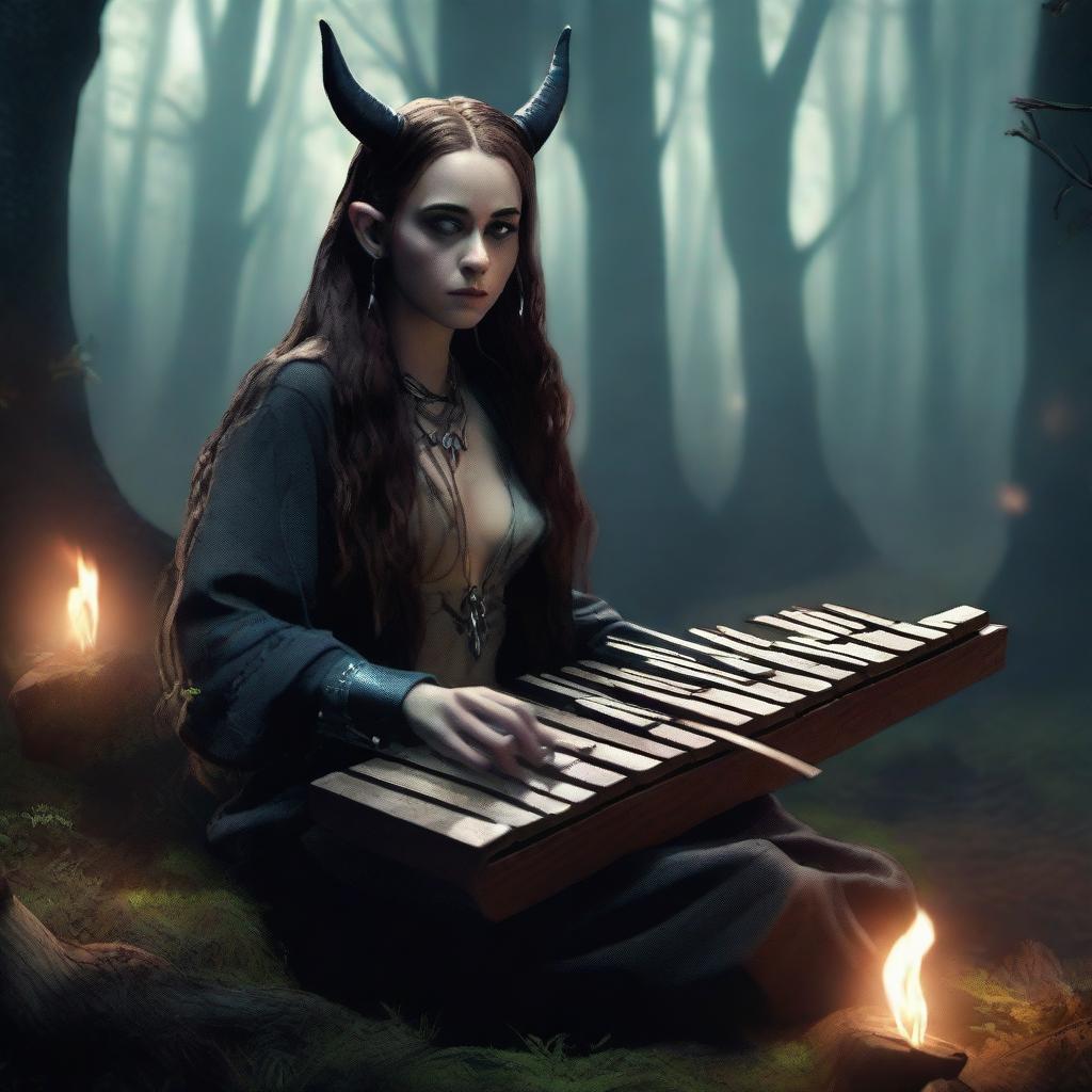 A female tiefling bard with Miley Cyrus's face, but with long hair and ear piercings