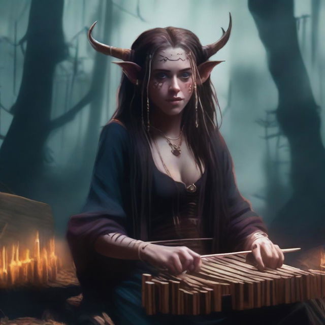 A female tiefling bard with Miley Cyrus's face, but with long hair and ear piercings