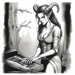 A detailed drawing of a female tiefling bard with the face of Milla Jovovich from Resident Evil, but with long hair and ear piercings