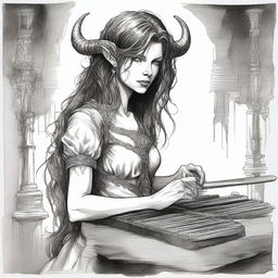 A detailed drawing of a female tiefling bard with the face of Milla Jovovich from Resident Evil, but with long hair and ear piercings