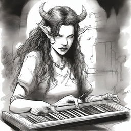 A detailed drawing of a female tiefling bard with the face of Milla Jovovich from Resident Evil, but with long hair and ear piercings