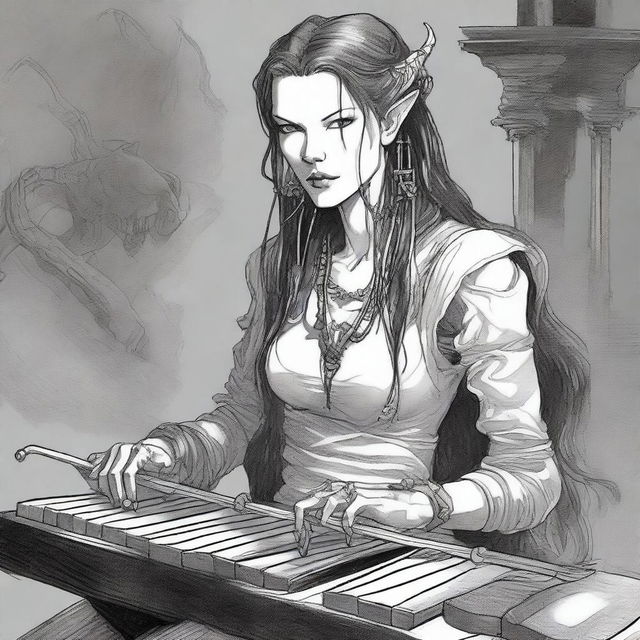 A detailed drawing of a female tiefling bard with the face of Milla Jovovich from Resident Evil, but with long hair and ear piercings