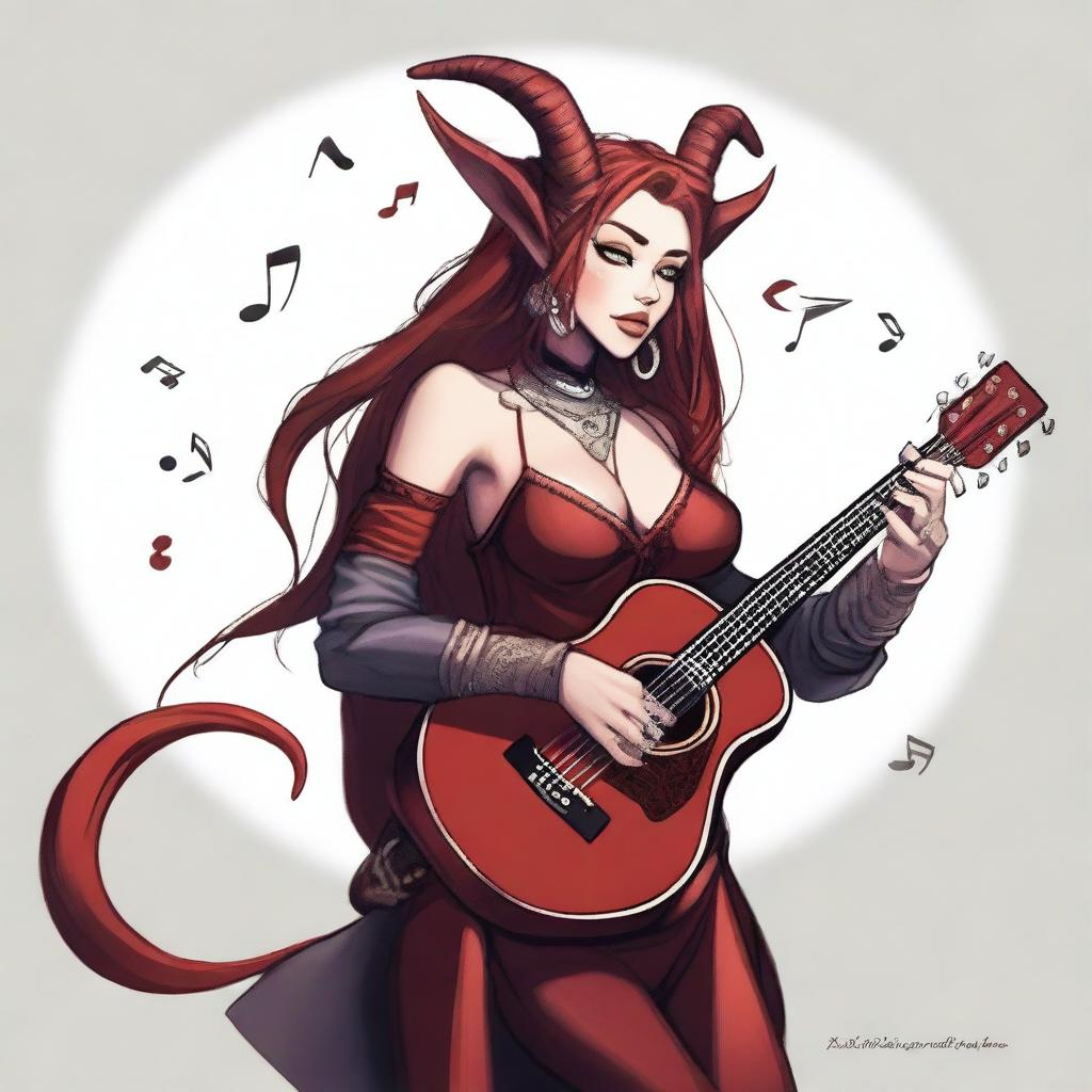 A female tiefling bard with Miley Cyrus's face, but with long hair and ear piercings