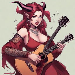 A female tiefling bard with Miley Cyrus's face, but with long hair and ear piercings