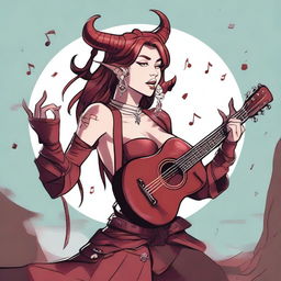 A female tiefling bard with Miley Cyrus's face, but with long hair and ear piercings