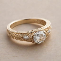 A stunning engagement ring made of shiny gold, intricately engraved with the name 'YUJIN'