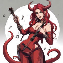 A female tiefling bard with Miley Cyrus's face, but with long hair and ear piercings