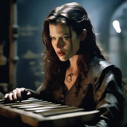 A female tiefling bard with Milla Jovovich's face from Resident Evil, but with long hair and ear piercings