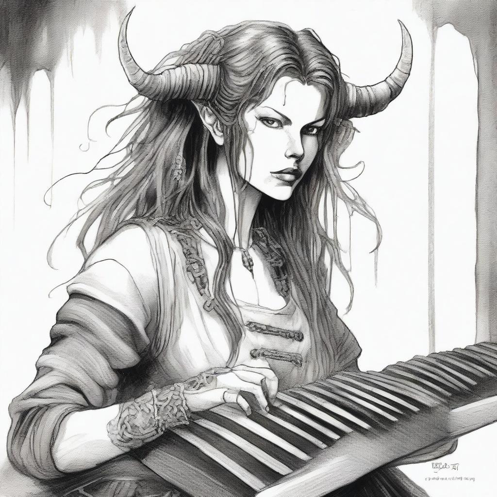 A detailed drawing of a female tiefling bard with the face of Milla Jovovich from Resident Evil, but with long hair and ear piercings