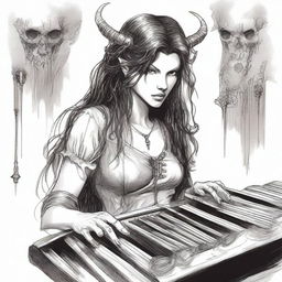 A detailed drawing of a female tiefling bard with the face of Milla Jovovich from Resident Evil, but with long hair and ear piercings