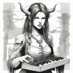 A detailed drawing of a female tiefling bard with the face of Milla Jovovich from Resident Evil, but with long hair and ear piercings