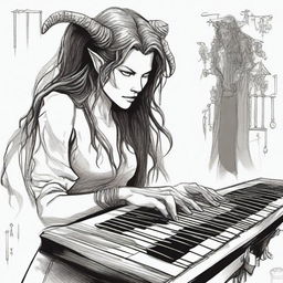 A detailed drawing of a female tiefling bard with the face of Milla Jovovich from Resident Evil, but with long hair and ear piercings